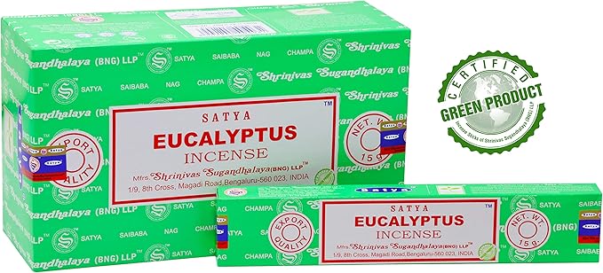 EARTH Satya Eucalyptus Incense Sticks 15 GMS (Pack of 12) (Green Certified) Indian Perfumed Hand Rolled Agarbatti Perfect for Worship,Relaxation, Medication. Earth