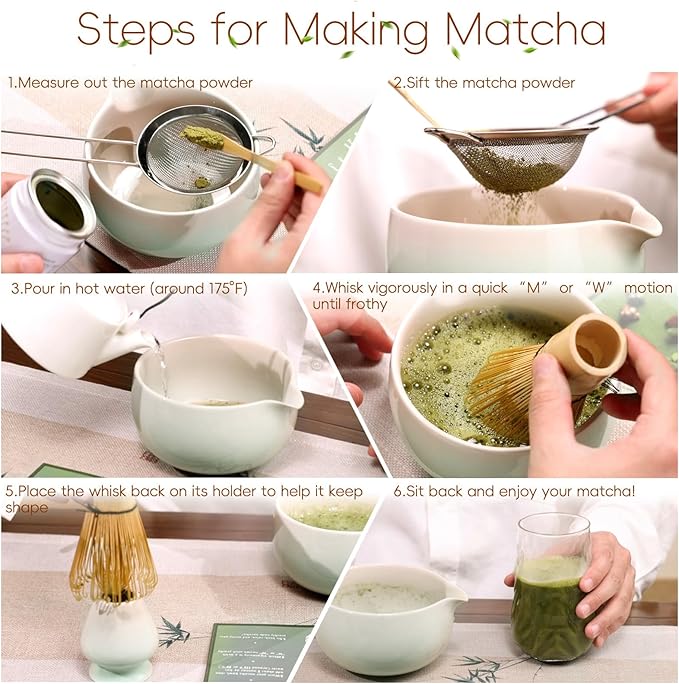 Matcha Whisk Set, Ceramic Matcha Set Includes Bowl & Holder, Bamboo Whisk (Chasen), Scoop, Spoon and Sifter, 6PCS Matcha Kit Covers Everything Needed for Making Matcha (Green) - Bloomnest