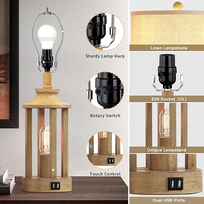 Touch Control Farmhouse Table Lamp Set of 2 with 2 USB Ports, 3 Way Dimmable Bedside Lamps with 2 LED Nightlight,Rustic Nightstand Lamps for Bedroom, Living Room Office (4 LED Bulbs Included) - Bloomnest