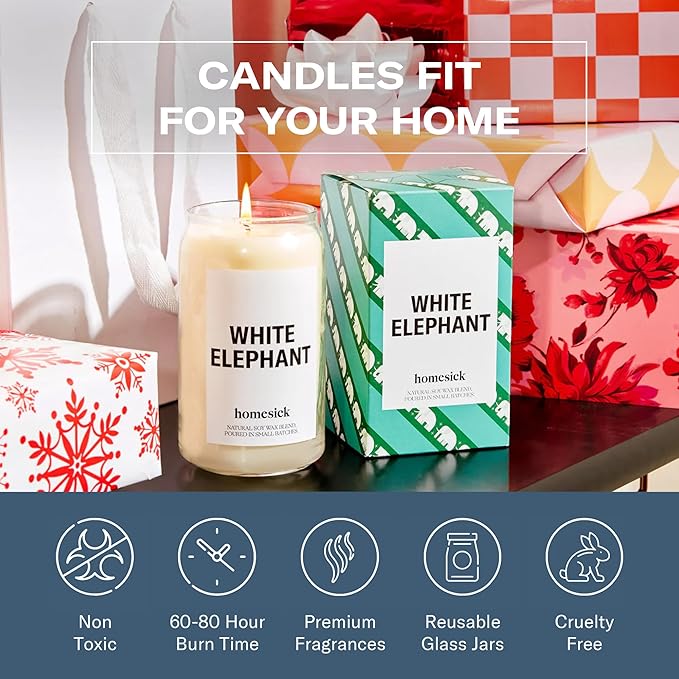Homesick Scented Candles for Home (White Elephant) - 13.75 oz Long-Lasting Soy Wax Blend Jar Candle Gifts for Women & Men, 60-80 Hours Burn Time - Notes of Candied Orange, Champagne & Sparkling Cassis - Bloomnest