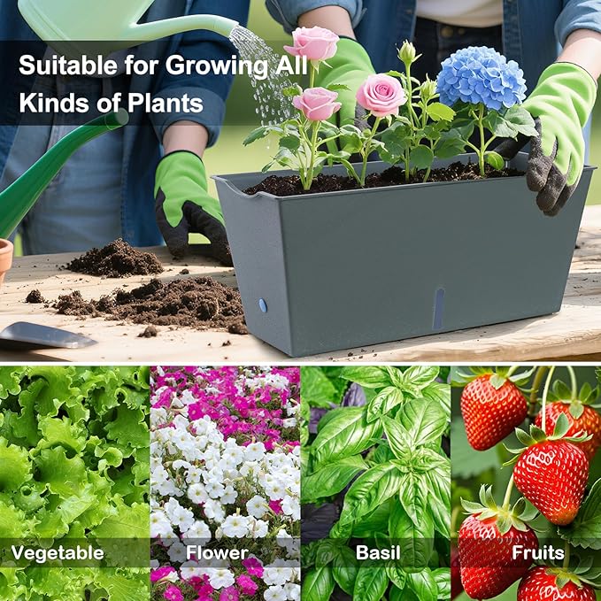 Window Box Planter 6 Pcs, 16.5 Inches Self Watering Rectangle Flower Plant Pots with Drainage Holes Trays, Vegetable Planters for Windowsill Patio Garden Balcony Porch Yard (Dark Green) - Bloomnest