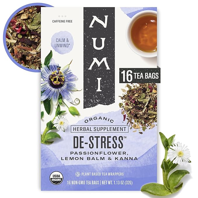 Numi Organic De-Stress Tea Bags, 16 Tea Bags, Passionflower, Lemon Balm, and Kanna, Caffeine Free