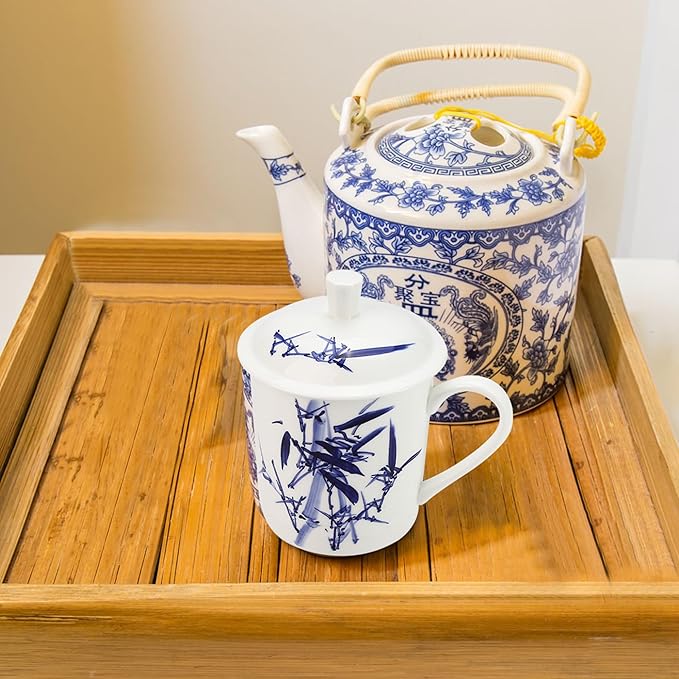 17oz 500ml Chinese Mug Bone China Coffee Teacup with Lid, Small Teapot, High Hand Blown Porcelain Covered Infuser Set for Asian Loose Leaf Gongfu Tea Blue Flower Brewing System for Office Travel Home