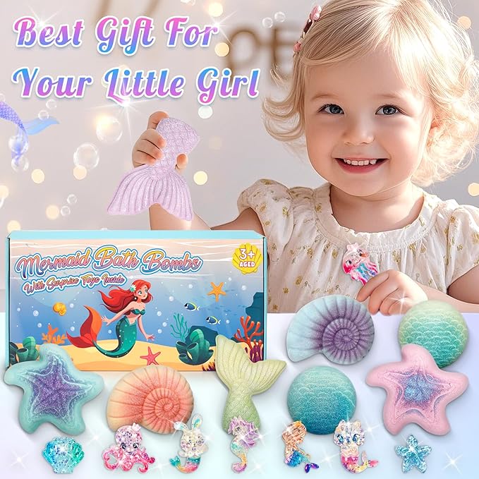 Mermaid Bath Bombs for Kids with Surprise Toys Inside, 8 Pcs Organic Natural Bubble Bath Bombs for Girls,Christmas Birthday Gift for 3 4 5 6 7 8 Year Old Girl,Princess Bath Bomb Kit with Mermaid Toys - Bloomnest
