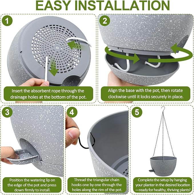 WOUSIWER Self Watering Hanging Planters, 2 Pack 12'' Plastic Pots with Drainage Holes & Reservoir Tray (Speckled Grey) | Indoor & Outdoor Use for Ferns, Ivy, Herbs, Succulents - Bloomnest