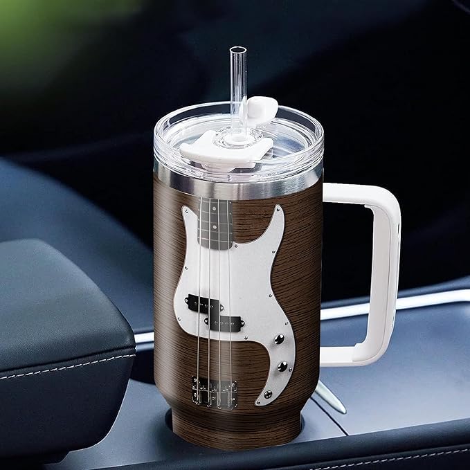 WAZONE Personalized Bass Guitar Tumbler 40oz with Handle and Straw Custom Name Guitarist Nutrition Facts Travel Mug Vacuum Tumblers Gifts Ideas For Men Band Musician Acoustic Music Teacher - Bloomnest