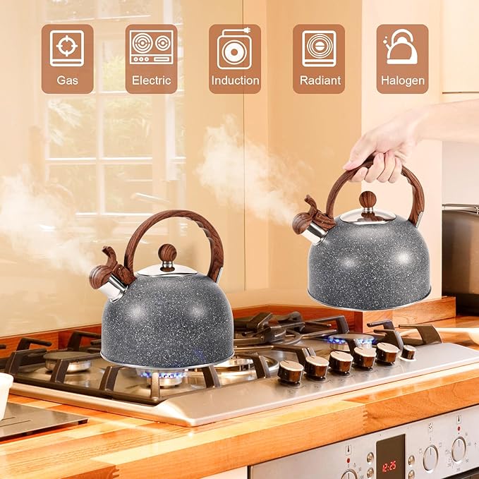 GGC 2.7QT/3L Whistling Tea Kettles for Stove Top, Stainless Steel Tea Kettle with for Boiling Water Milik or Coffee, Starry Gray Tea Pots with Wooden Anti Heat Handle - Bloomnest