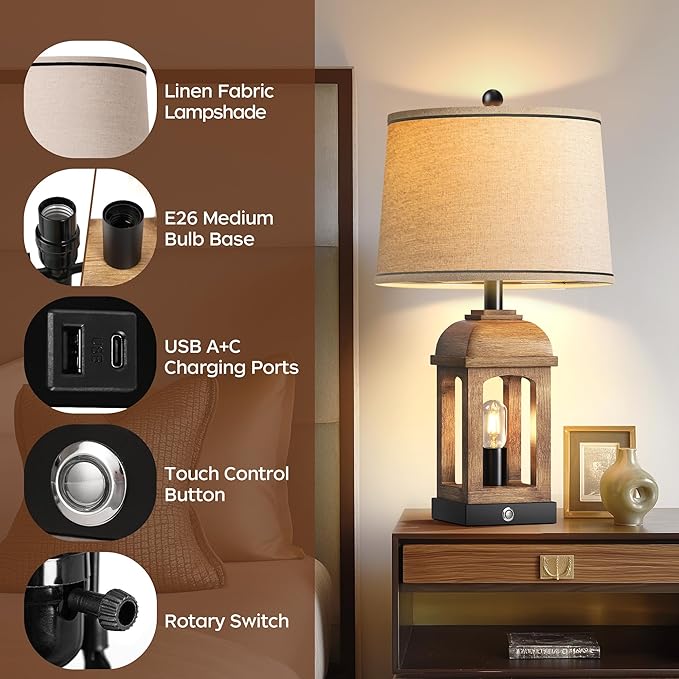 QiMH Table Lamp for Living Room, Farmhouse Lamps Set of 2 with USB A+C and Nightlight, 26" Rustic Bedside Lamps with 3-Way Dimmable Touch Control, Nightstand Lamp for Bedroom Decor, Wood Grain - Bloomnest