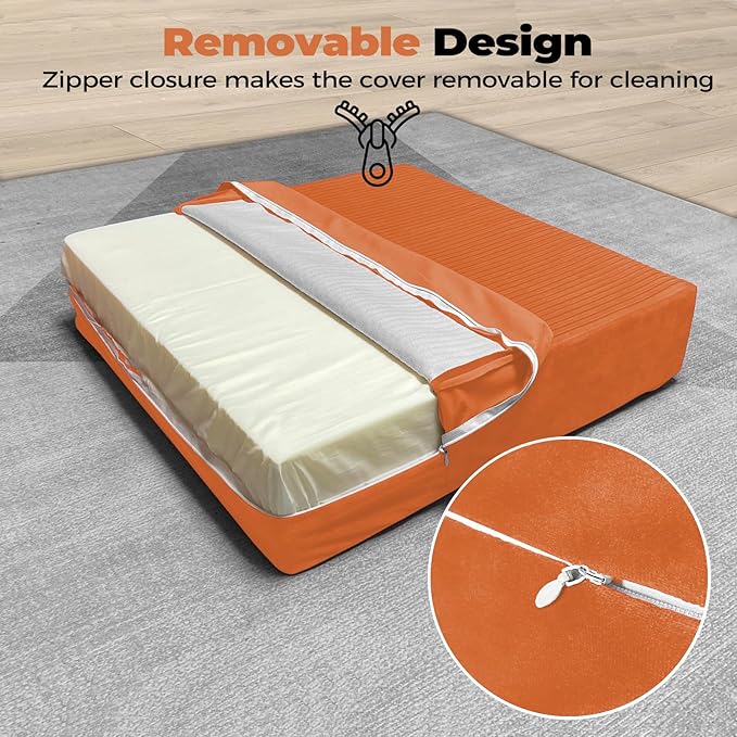 Large Floor Pillows for Adults, Thick Meditation Floor Cushions for Sitting Yoga, 22x22x5 Foam Seat Cushions Set of 2 for Furniture, Floor Pillow with Pleated Velvet Removable Cover, Orange