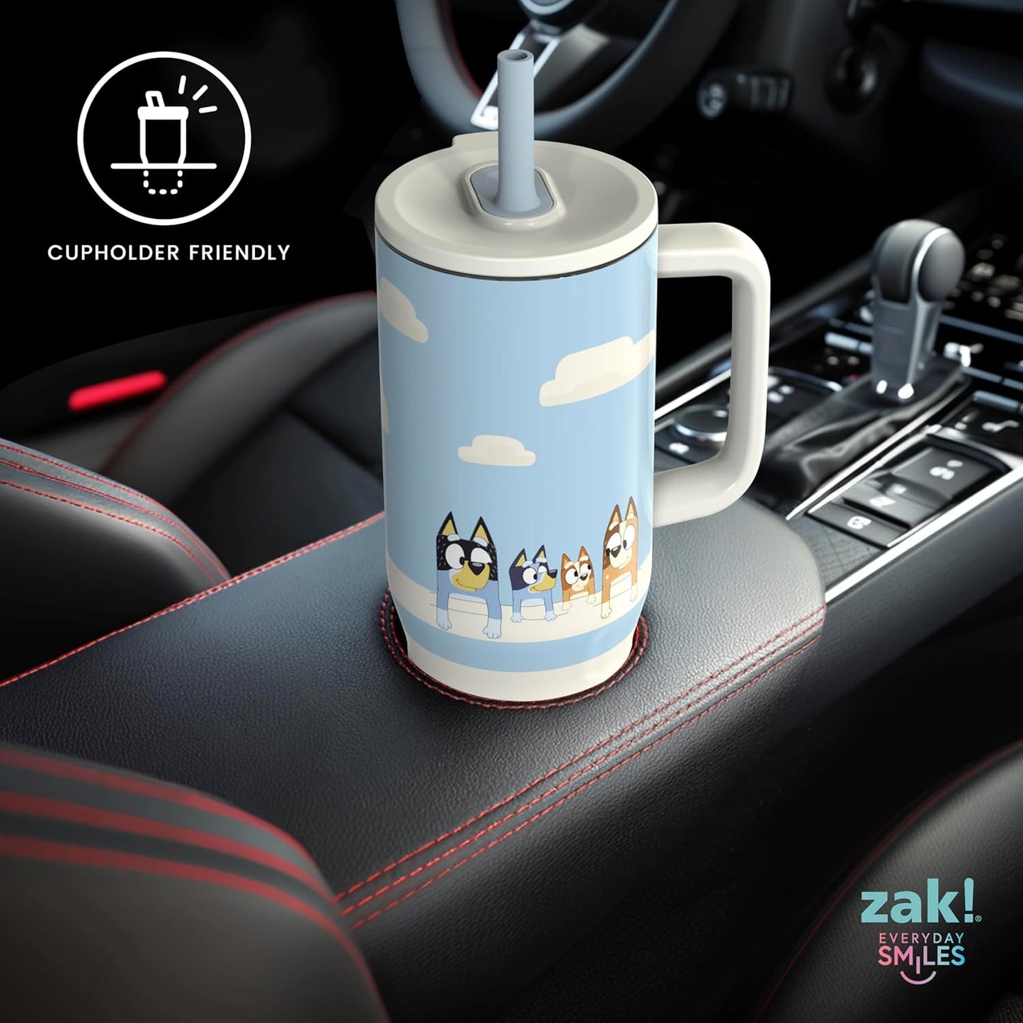 Zak Designs Bluey Sutton Travel Tumbler for On the Go, 30oz Stainless Steel with Vacuum Insulation, Silicone Straw, and Carry Handle for Cold Drinks (Bluey, Bingo, Bandit, Chilli)