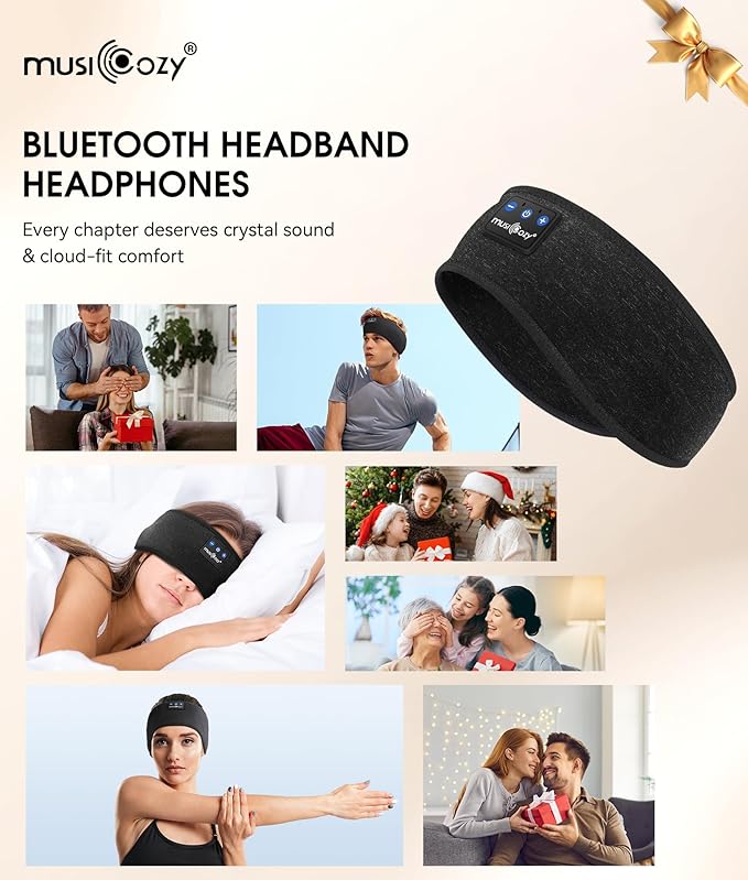 MUSICOZY Sleep Headphones Bluetooth 5.4 Headband, Wireless Earphones Music Sleep Earbuds Sleeping Eye Mask with HD Stereo Speakers for Workout Running Travel Yoga, Ideal Gifts (Double-Sided Black) - Bloomnest