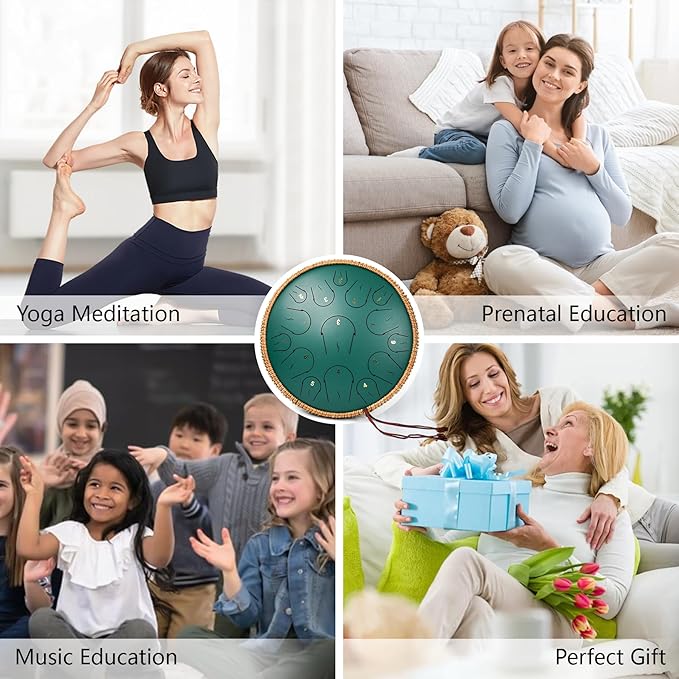 Steel Tongue Drum - 14 Inch 15 Note Tongue Drum - Hand Pan Drum with Music Book, Handpan Mallets and Carry Bag, C Major, Green - Bloomnest