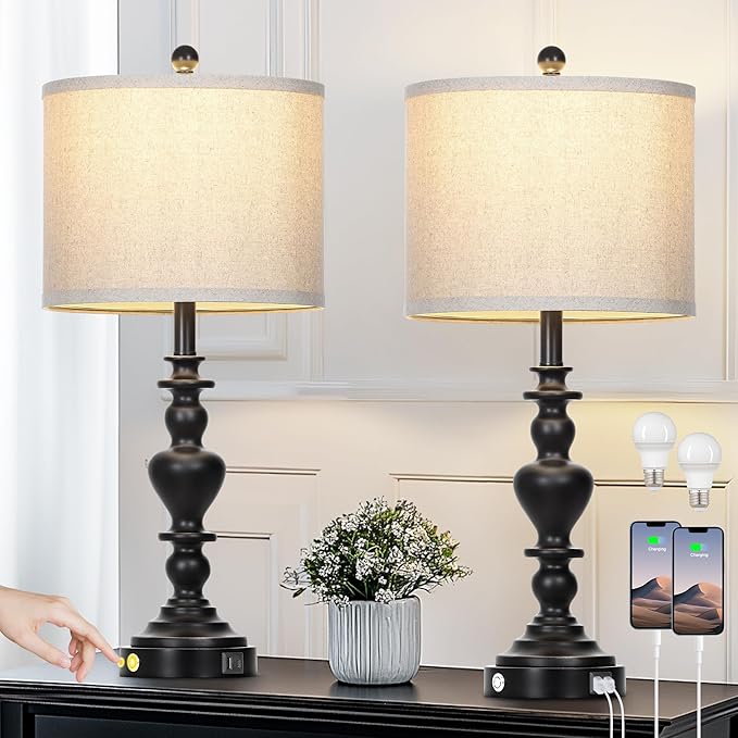 27" Farmhouse Vintage Lamps Set of 2 with USB C+A Charging Ports, Black Rustic Touch Control Table Lamp for Living Room, 3-Way Dimmable Traditional Nightstand Bedside Lamp Linen Washed for Bedroom - Bloomnest