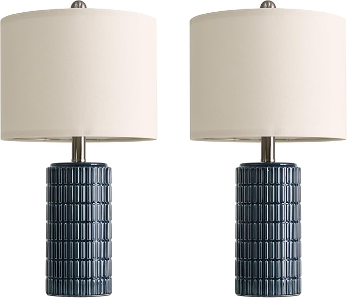 PoKat 20.75" Small Blue Table Lamps, Farmhouse Bedside Lamps for Bedroom Set of 2, Ceramic End Table Lamps for Night Stands Living Room, Modern Nightstand Desk Lamps, Dark Blue - Bloomnest