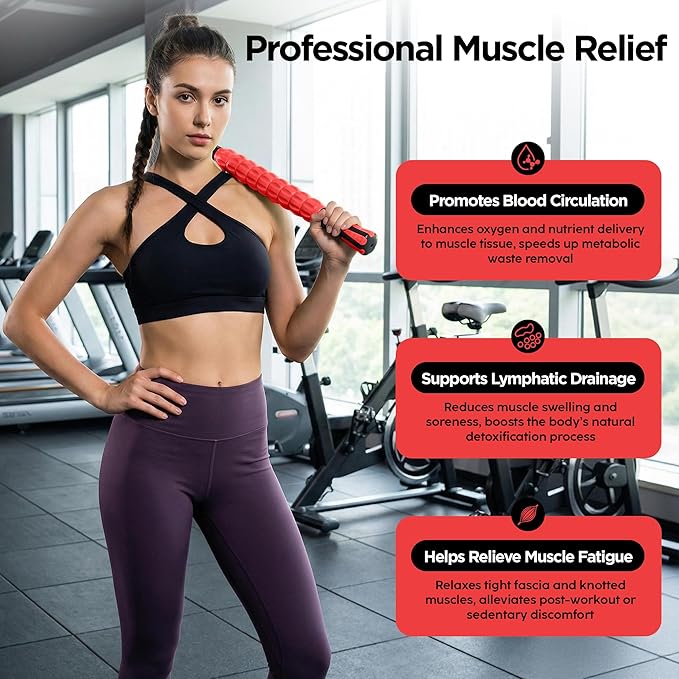 Muscle Roller & Massage Roller Stick for Athletes - Lymphatic Drainage Support, Relieves Muscle Soreness, Cramping & Tightness - Targets Legs, Arms, Back & Calves (Red - 18inch) - Bloomnest