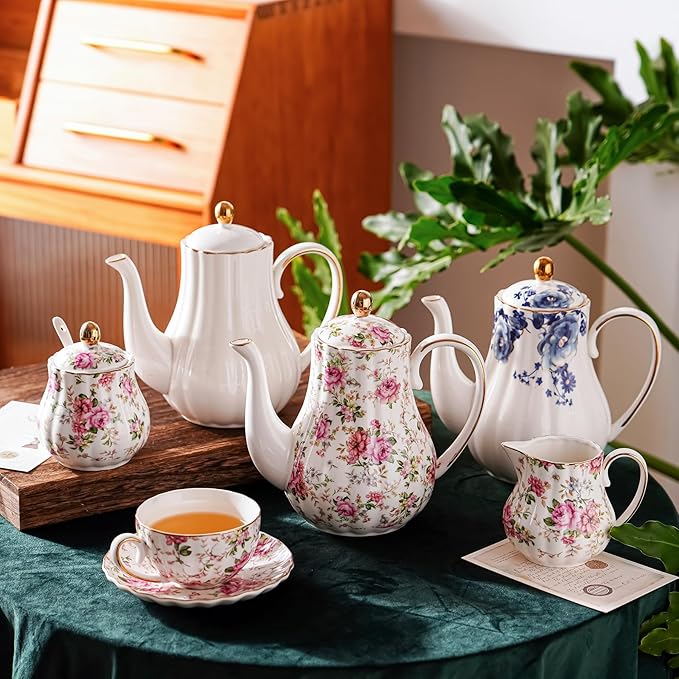 Tea Pot, Porcelain Teapot 37oz,tea pots for tea party,Tea Infuser Pots for Blooming loose Leaf Tea (White with flower)