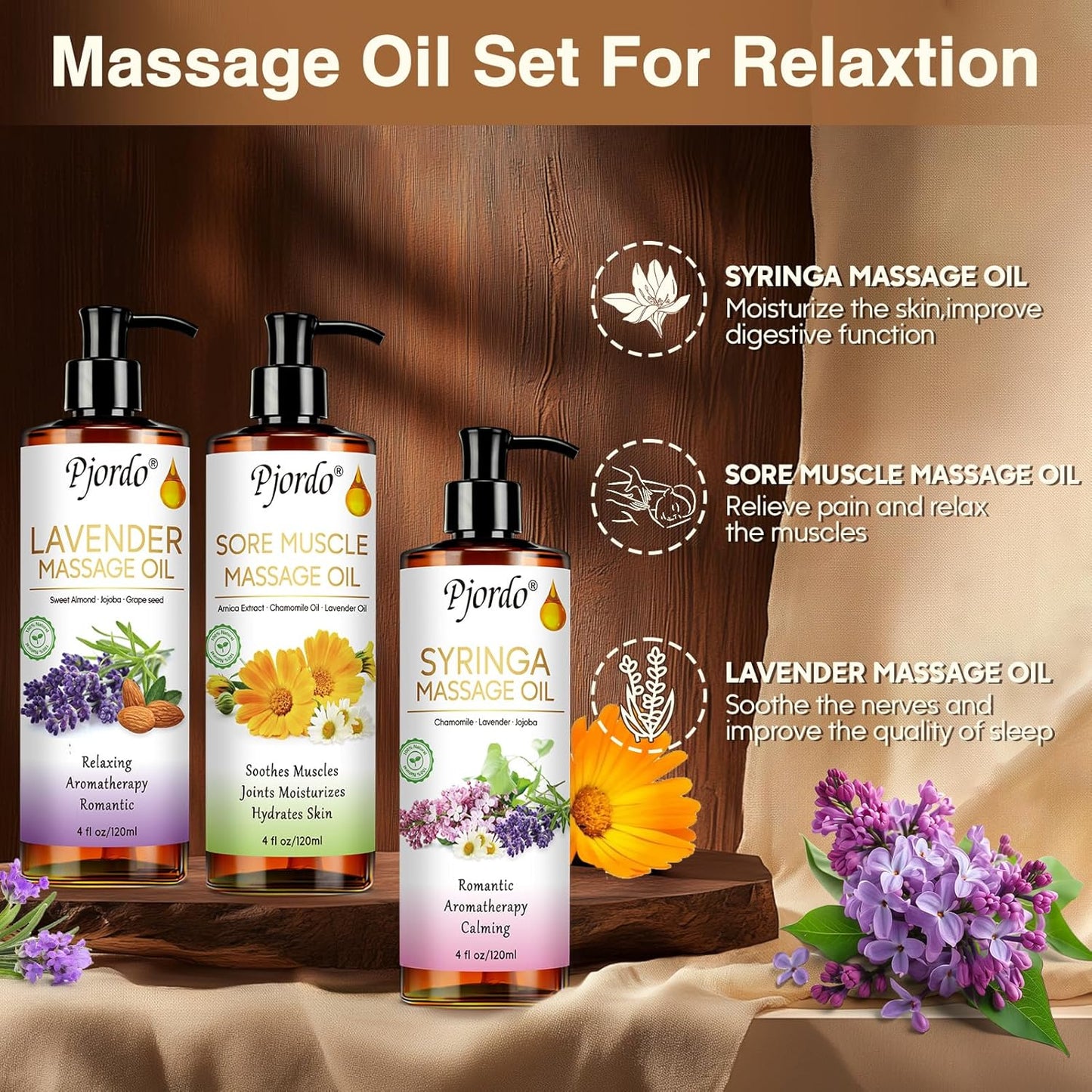 Body Massage Oil for Massage Therapy Kit, Lilac, Lavender, Sore Muscle Arnica Oil with Massage Roller Ball, Relaxing Massage Oils for Pain Relief, Spa Gift Set for Him Her