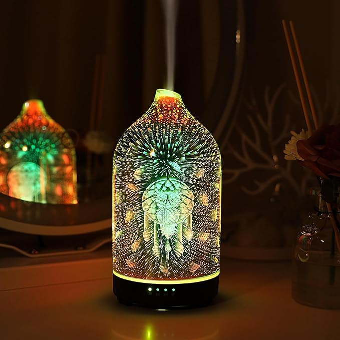 3D Glass owl Aromatherapy Diffuser 160ml ultrasonic Cool Mist Scent Aroma Essential Oil Diffuser Humidifier with Intermittent Mist & LED 7 Colorful Changing Night Light for Bedroom Home inrorans