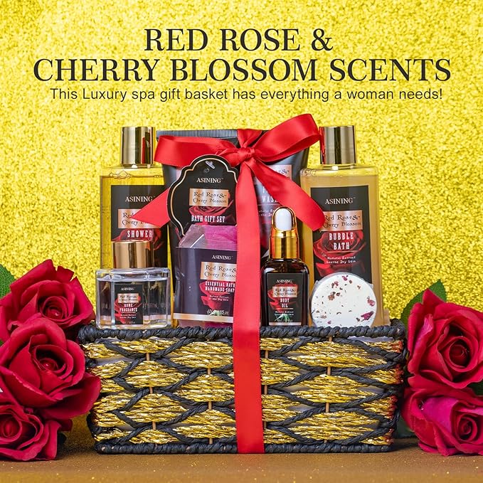 Birthday Gifts for Women, Spa Gift Baskets for Women, 14 Pcs Cherry Blossom & Rose Fragrance Spa Gifts for Mothers Day Gifts, Birthday Gifts for Wife, Self Care Kit