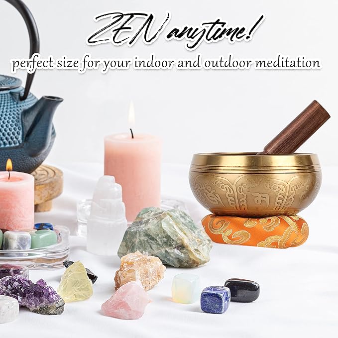 Tibetan Singing Bowls Set-Hand-hammered in Nepal Sound Bowl for Meditation, Yoga, Chakra, Meditation Accessories, Stress Relief Tool and Unique Gifts for Women, Men (Yellow, 4 inch) - Bloomnest