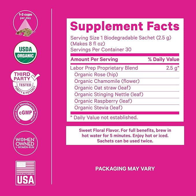 Pink Stork Labor Prep Tea, Organic Red Raspberry Leaf with Chamomile and Rosehip, Caffeine-Free, Pregnancy Must Haves, Labor and Delivery Essentials, Third Trimester Pregnancy - 15 Sachets - Bloomnest