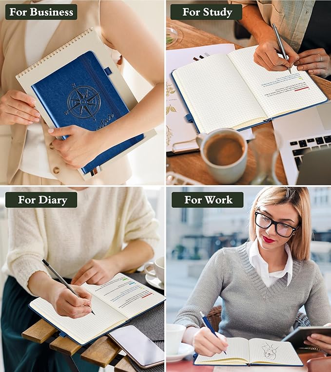 PAIBAS Graph Notebook for Women Men, 160 Pages Grid Paper, Graphing Notebooks for School, Work, Quad Ruled, Inner Pocket, A5 Hardcover Vintage Leather Journals for Writing, 5.8"x8.5" (Navy) - Bloomnest