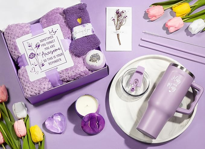 Birthday Gifts for Women Self Care Get Well Soon Gifts, Lavender Relaxing Spa Bath Gift Basket Care Package w/ Flannel Blanket 40 OZ Tumbler, Valentines Day Gift for Her Wife Girlfriend Mom Grandma - Bloomnest