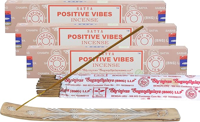 Satya Positive Vibes Incense Sticks, Satya Bng (Bangalore) Insenses 15gmx3 Pack (45 GMS) with Raajsee Incense Holder Bundle, Satya Nagchampa Natural Incense - Bloomnest