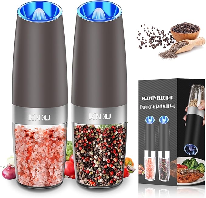 XinXu Gravity Electric Pepper and Salt Grinder Set, Adjustable Coarseness, with LED Light, One Hand Automatic Operation (Set/Brown X) - Bloomnest