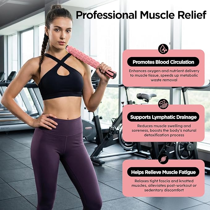 Muscle Roller & Massage Roller Stick for Athletes - Lymphatic Drainage Support, Relieves Muscle Soreness, Cramping & Tightness - Targets Legs, Arms, Back & Calves (Pink - 18inch)