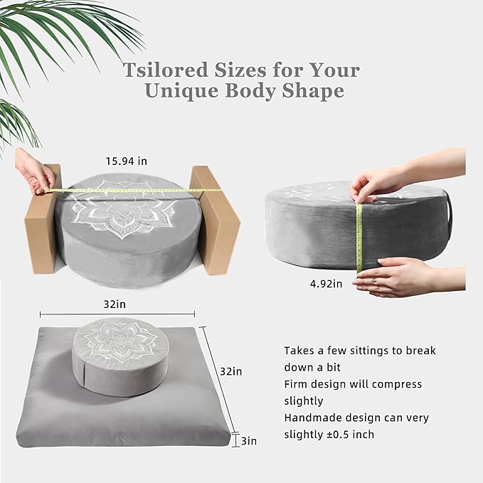 Meditation Zafu Cushion Set with Buckwheat Hulls & Memory Foam - Ergonomic Support for Yoga & Sitting - Removable Machine-Washable Luxury Velvet Cover - for Adults and Kids (Grey) - Bloomnest