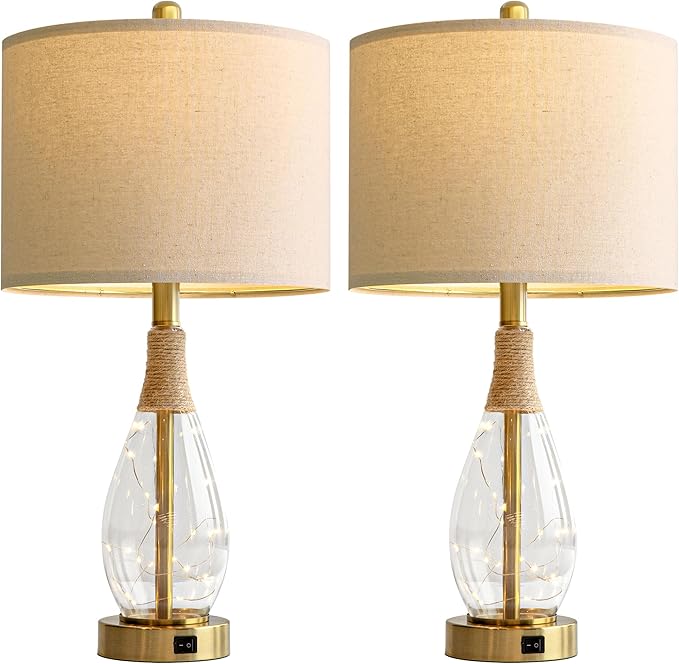 OYEARS 23" Table Lamps for Living Room Set of 2 Bedside Lamps for Night Stands Bedroom Lamps Farmhouse Rattan Boho Lamp Glass Nightlight End Table Lamp with USB C+A (Gold),Two Light Points - Bloomnest