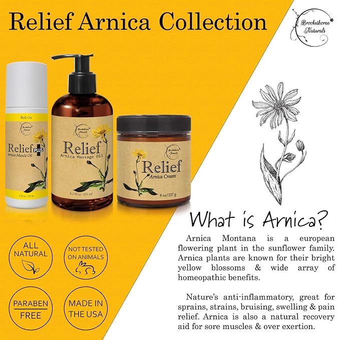 Relief Arnica Cream – Enriched with Lemongrass, Eucalyptus & Rosemary Essential Oils – All Natural Massage Lotion for Sore Muscles & Stiffness. Perfect for Massage Therapy by Brookethorne Naturals - Bloomnest