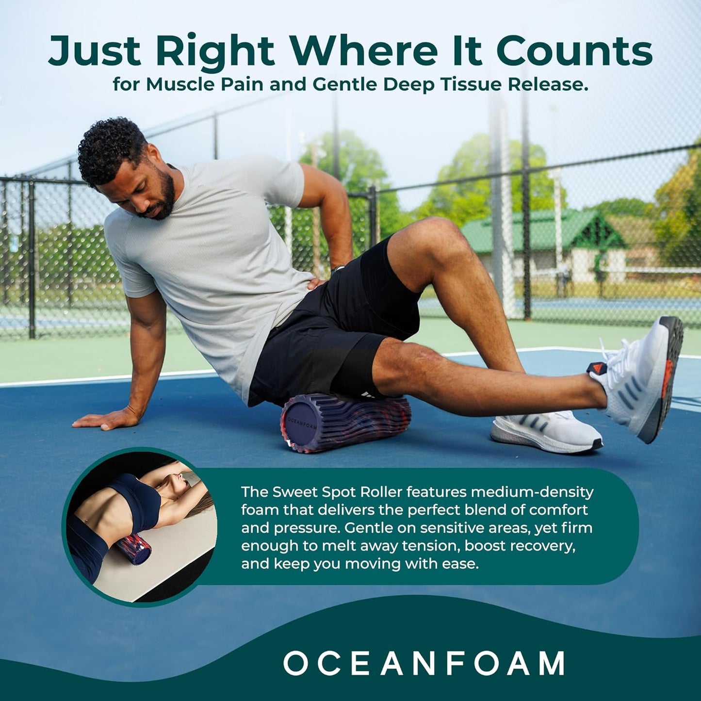 Oceanfoam Sweet Spot Medium Exercise Foam Roller 14"x5.5" – Medium Density Foam Roller for Physical Therapy, Deep Tissue Massage, Yoga, Pilates, Wave Texture (Dark Navy, Red and Natural Marbled)