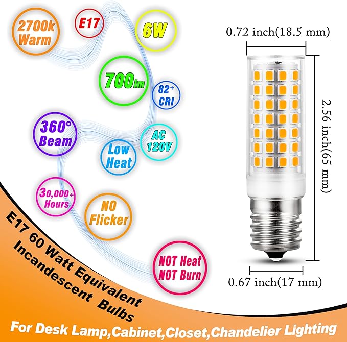 E17 LED Ceiling Fan Light Bulb 6W (60W Halogen Equivalent) 2700K Warm White 700lm 120V LED Intermediate Base Bulb for Appliance,Desk Lamp,Cabinet,Closet,Chandelier Lighting,Non-dimmable,5pack - Bloomnest
