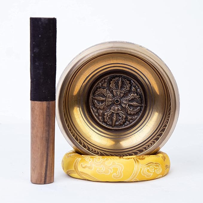 Large Tibetan Singing bowl Set - Bronze Style - Easy To Play - 5" Sound Yoga Bowl Mantra Design Mindfulness Meditation Healing Sound Gift By Himalayan Bazaar - Bloomnest