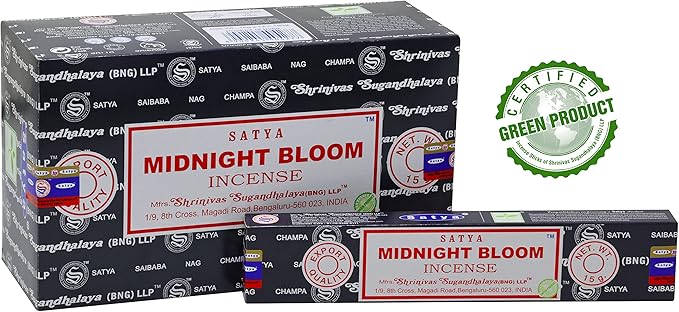 EARTH Satya Midnight Bloom Incense Sticks 15 GMS (Pack of 12) (Green Certified) Indian Perfumed Hand Rolled Agarbatti Perfect for Worship,Relaxation, Medication. Earth