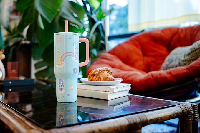 Zak Designs Care Bears Sutton Travel Tumbler for On the Go, 30oz Stainless Steel with Vacuum Insulation, Silicone Straw, and Carry Handle for Cold Drinks (Care Bears) - Bloomnest