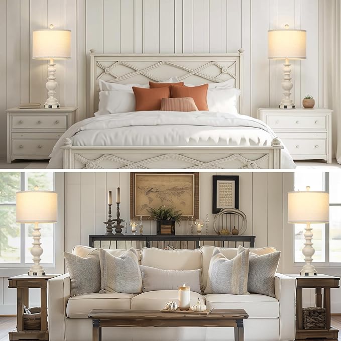 27.5" Farmhouse Table Lamps Set of 2, Rustic Living Room Lamps with USB C+A Ports & AC Outlet, Vintage Bedside Lamps with Linen Shade, Tradition Bedroom Lamps for Nightstand Side End Table Desk, Beige - Bloomnest