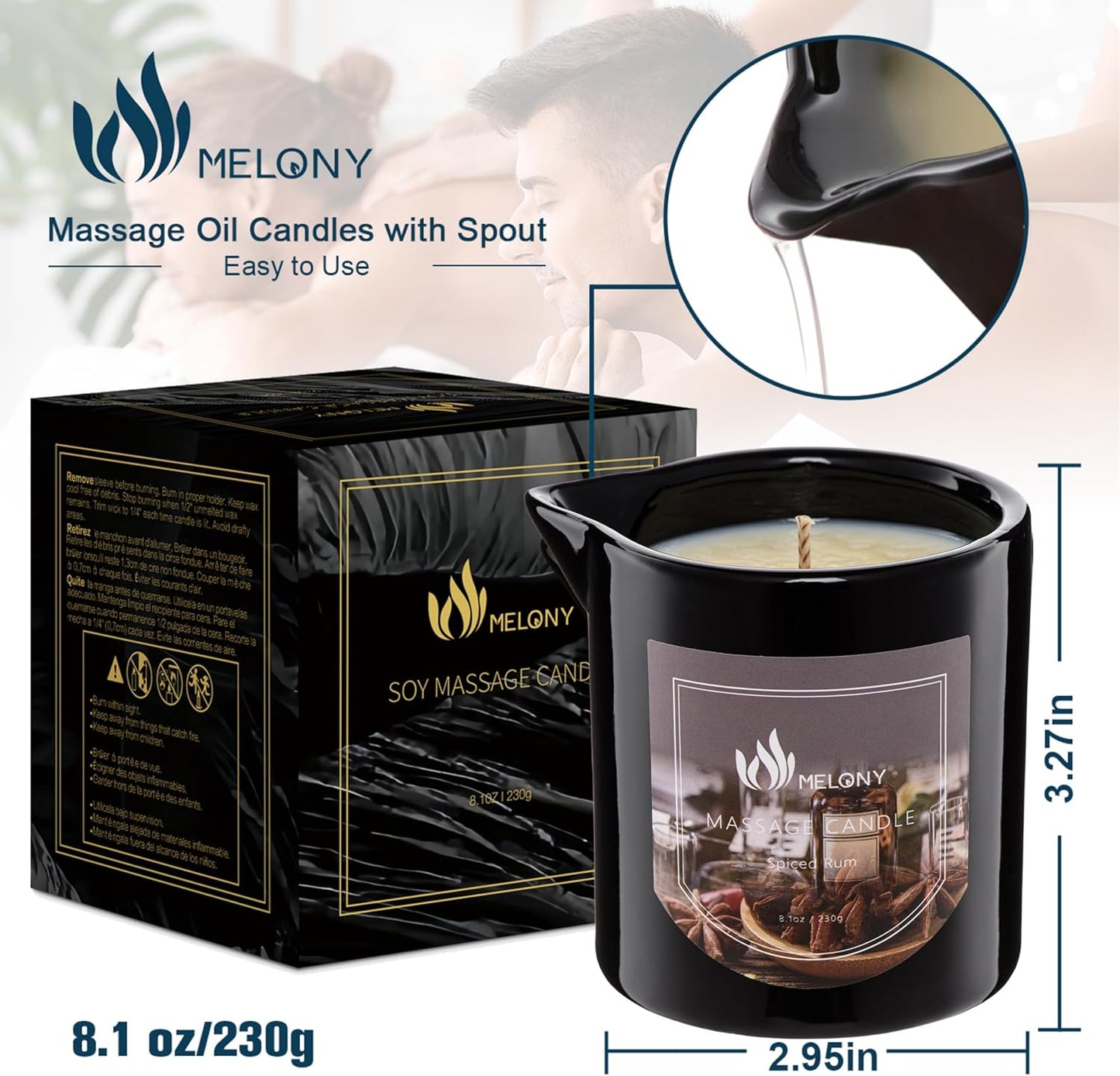 MELONY Massage Oil Candle | Great for Calming, Soothing and to Relax | with Natural Soy Wax | 8.1oz (Spiced Rum)