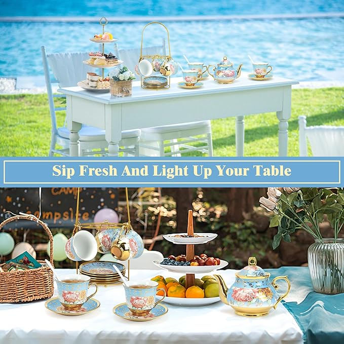 20 Pcs Porcelain Tea Set with Metal Holder, Adult Tea Set Gift, European Ceramic Tea Set for Adults, Flower Tea Cup Saucer Set for Party With Gold Flower Painting (Serene Blue) - Bloomnest