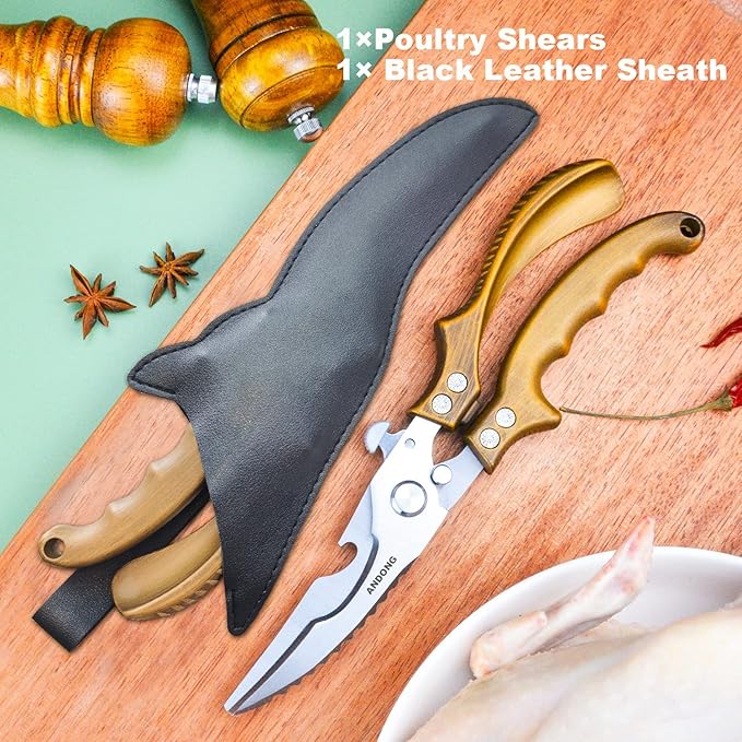 ANDONG Kitchen Shears - Heavy Duty Stainless Steel Poultry, Meat & Bone Scissors with Black Leather Sheath for Food - Bloomnest
