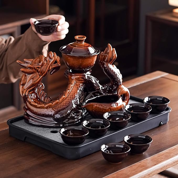 Ceramic Teapot with Infuser Semi Automatic Tea Set Magic Teapot with 8 cups Gradient Color (Yellow Dragon- A) - Bloomnest