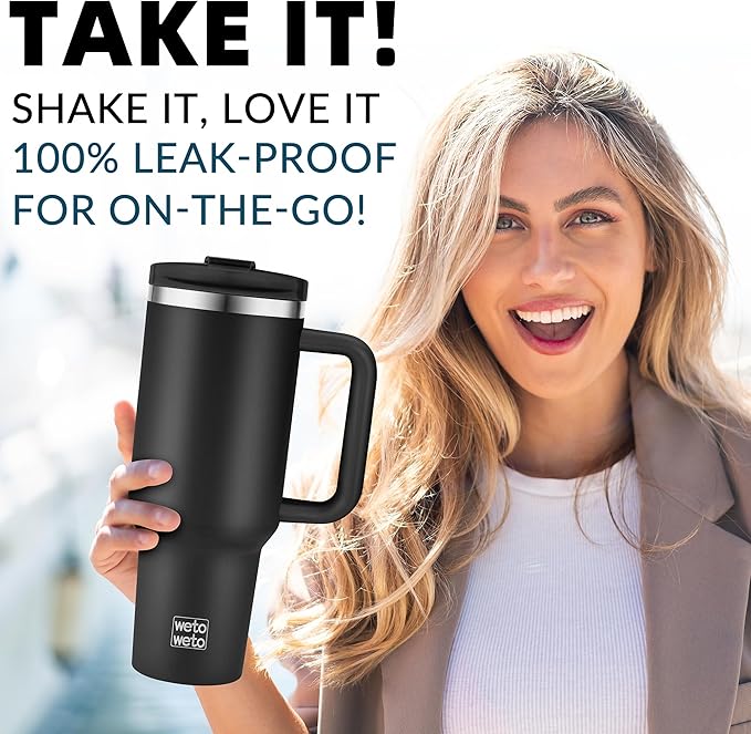 WETOWETO 40oz Tumbler with Handle and Lid | 100% Leakproof Insulated Stainless Steel Travel Mug | Keeps Cold 34Hrs/Hot 10Hrs | Dishwasher Safe, Fits Car Cup Holder (Midnight Black Color) - Bloomnest