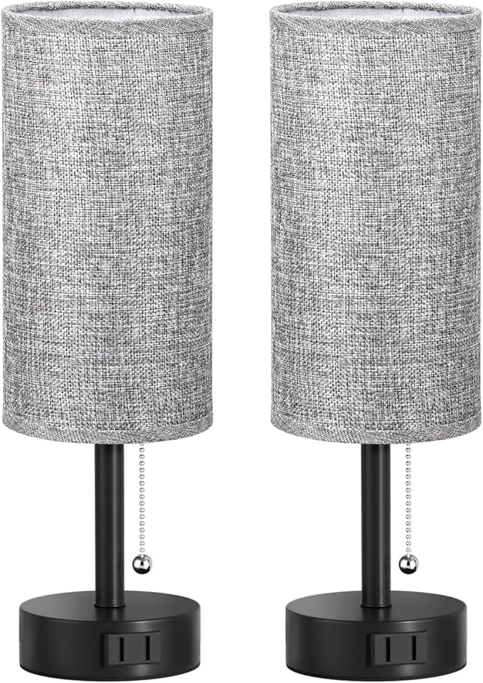 Fenmzee Grey Bedside Table Lamps Set of 2-3 Color Temperatures Pull Chain Lamp with AC Outlet Charging Port, Round Night Stand Lamps for Bedroom Office, Small Bed Side Light with E26 LED Bulbs - Bloomnest
