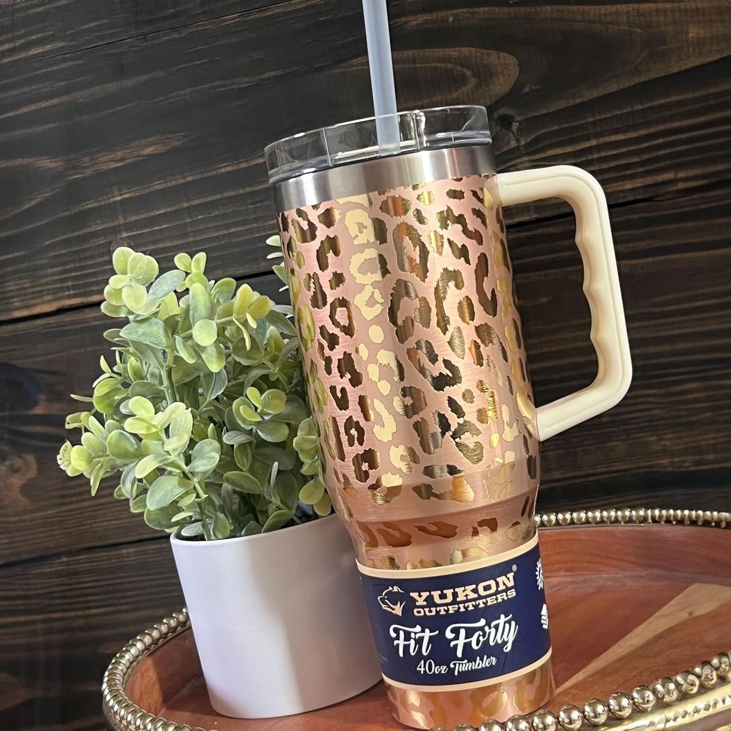 Yukon Outfitters Fit Forty 40oz Double Wall Vacuum Insulated Stainless Steel Tumbler with Reusable Straw & Ergonomic Handle | For Hot or Cold Beverage, Gold Leopard