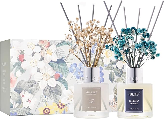Airkeep Reed Diffuser 3.38 oz (100ml) 2pk,Clean Linen/Cashmere Vanilla Scented Reed Diffuser Set,Reed Diffuser & Oil Diffuser Sticks, Aromatherapy, Home & Kitchen Décor,Fragrance and Gifts - Bloomnest