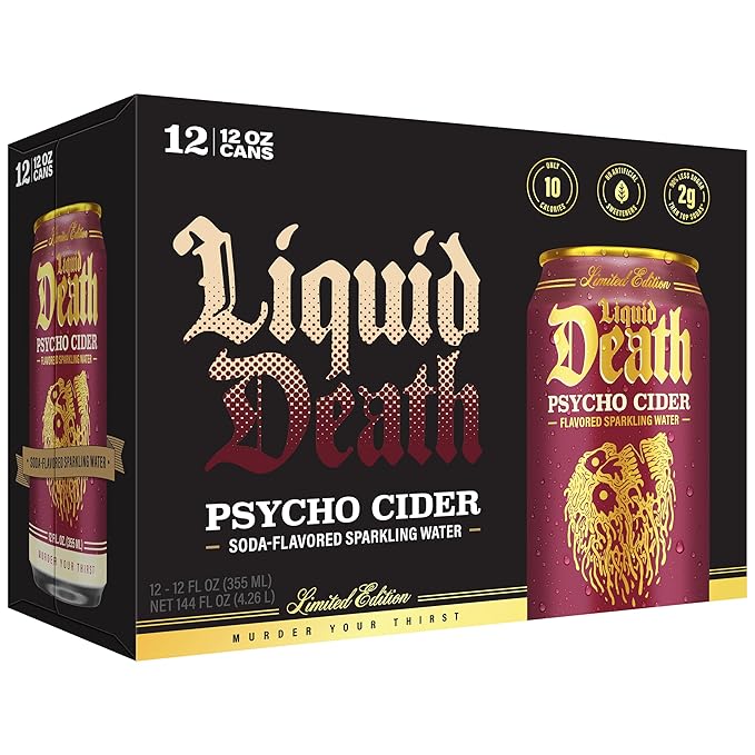 Liquid Death Soda-Flavored Sparkling Water - Psycho Cider (Apple Cinnamon), Less Sugar*, Huge Flavor, No Caffeine, No Artificial Sweeteners, 12 Fl Oz (Pack of 12) - Bloomnest
