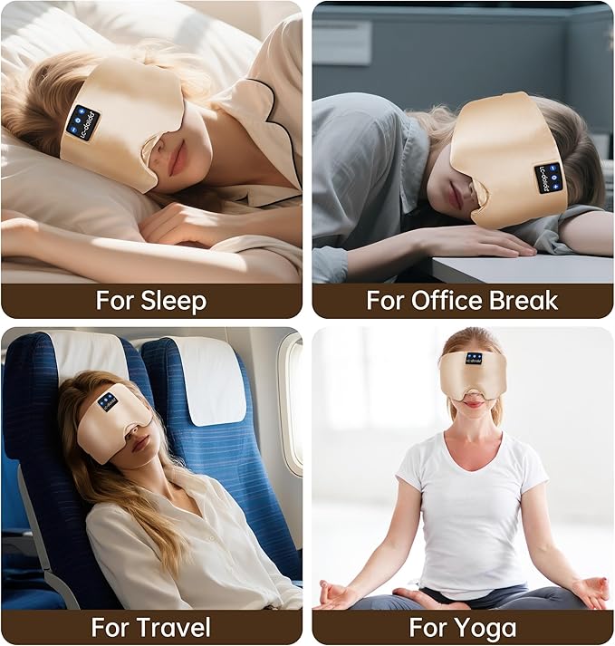 LC-dolida Luxurious Silk Soft Sleep Mask, Sleep Headphones with Bluetooth 5.4 for Side Sleeper, Total Blackout Eye Sleeping Mask for Women and Men, Ideal Gift for Restful Sleep, Travel(Champagne) - Bloomnest