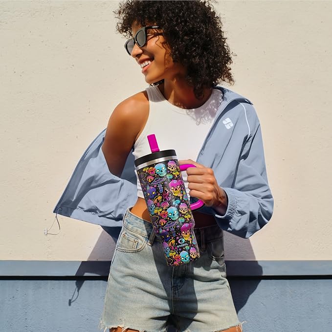 ENCOOL 40 oz Tumbler with Handle and Straw: Stainless Steel Insulated Tumbler Keeps Cold for 24 Hours, Leakproof Travel Cup Fits in Cup Holder and BPA-Free, Trippy Skulls ENCOOL